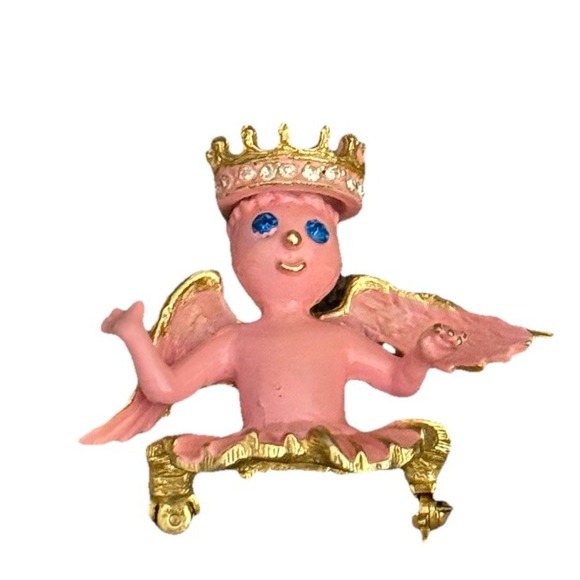 VTG CELESTE Pink Enamel Angel/Cherub Crowned Brooch Pin Angel on Your Shoulder - Picture 2 of 8